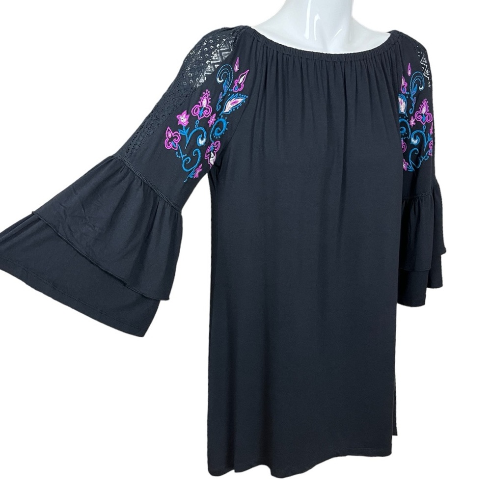 NY Collection Black Embroidered Lace Ruffle Sleeve Tunic Top Large NWT - Picture 5 of 13